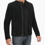 Mens Genuine Black Cafe Racer Suede Jacket