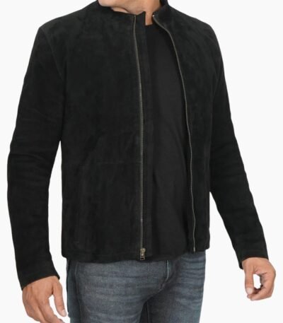 Mens Genuine Black Cafe Racer Suede Jacket