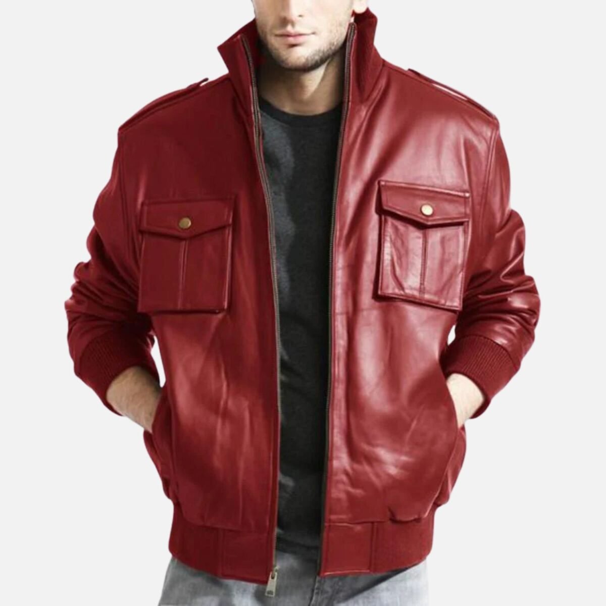 Mens Lambskin Bomber Style Red Leather Jacket
