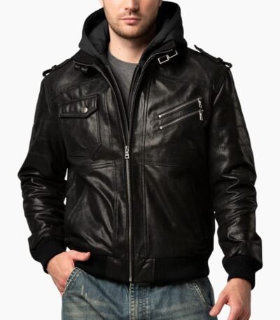 Mens Lambskin Leather Bomber Jacket With Hood