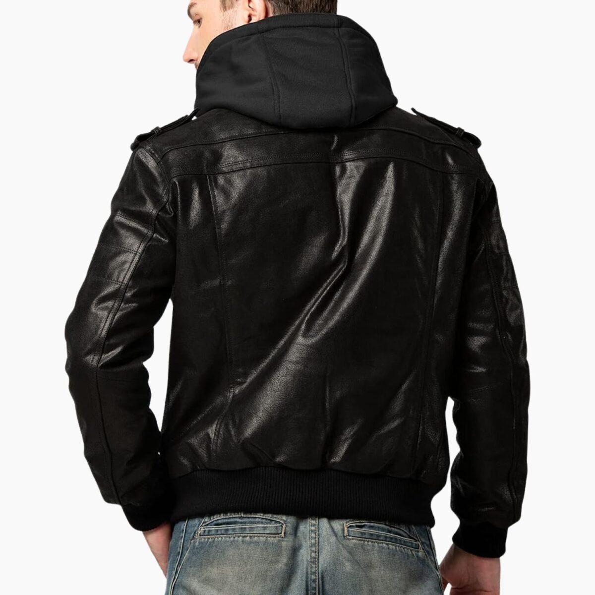 Mens Lambskin Leather Bomber Jacket With Hood