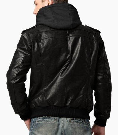 Mens Lambskin Leather Bomber Jacket With Hood