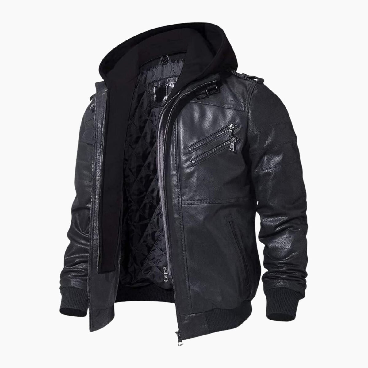 Mens Lambskin Leather Bomber Jacket With Hood