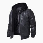Mens Lambskin Leather Bomber Jacket With Hood