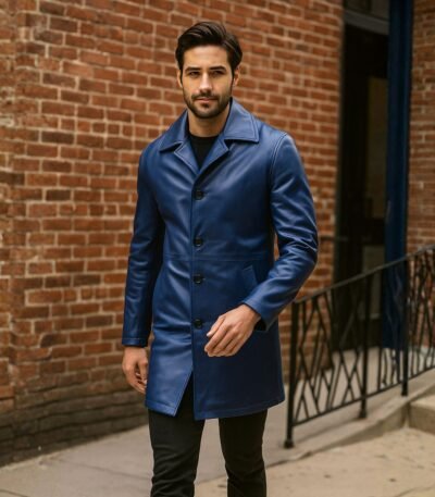 Mens Leather Blue Car Coat
