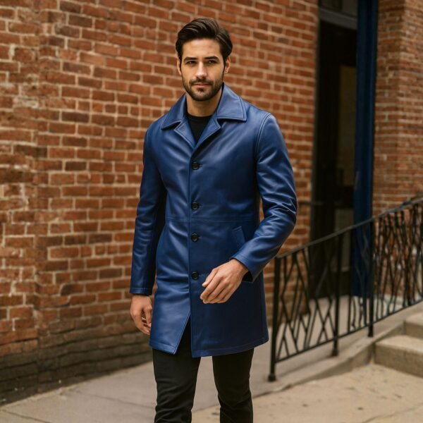 Mens Leather Blue Car Coat