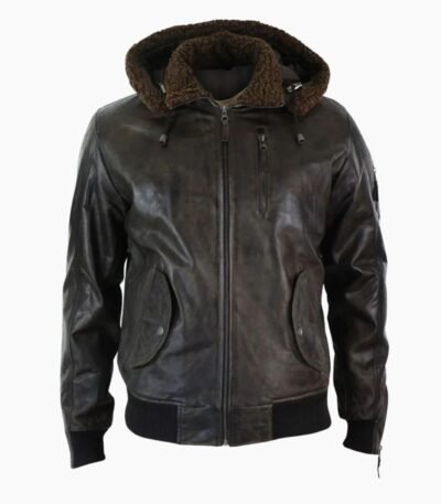 Men's Leather Hood Fur Jacket Bomber Aviator Tan Brown