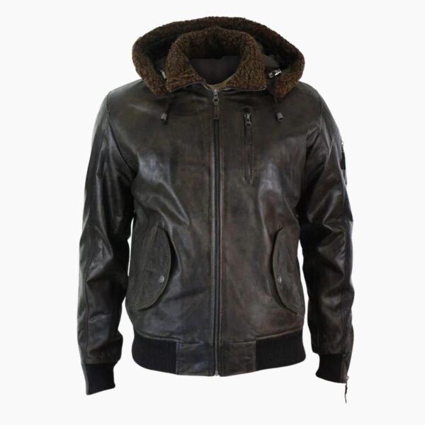 Men's Leather Hood Fur Jacket Bomber Aviator Tan Brown