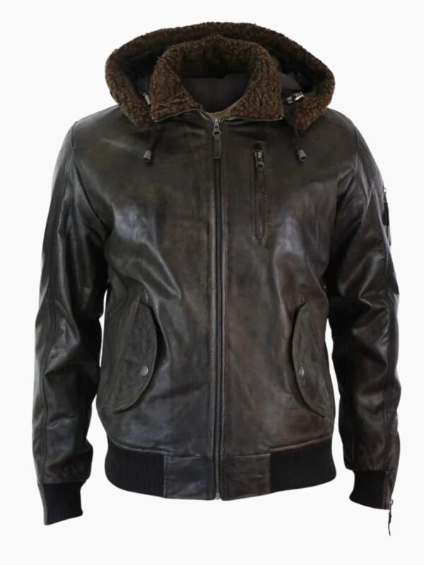 Men's Leather Hood Fur Jacket Bomber Aviator Tan Brown