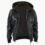 Men's Leather Hood Fur Jacket Bomber Aviator Tan Brown