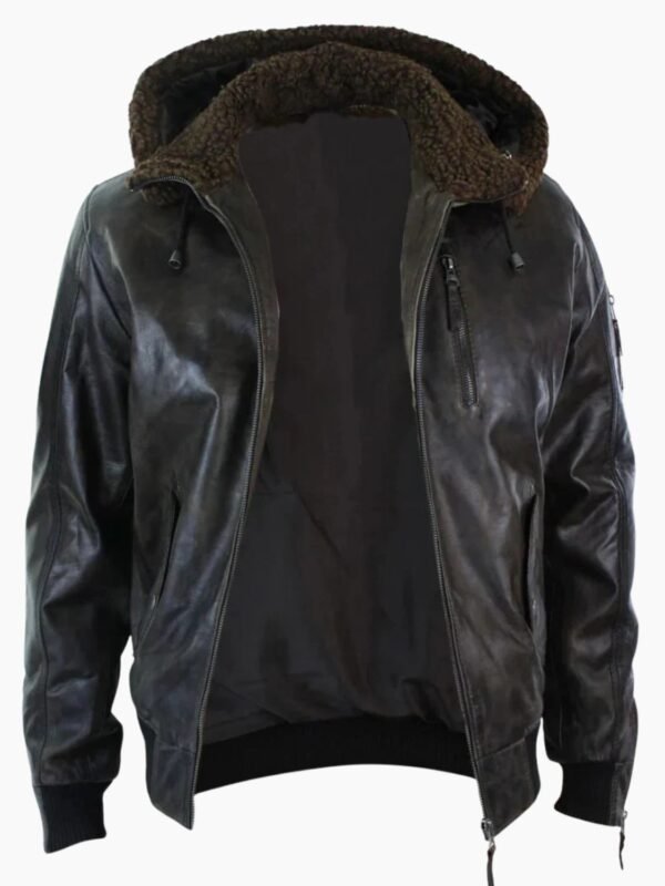 Men's Leather Hood Fur Jacket Bomber Aviator Tan Brown
