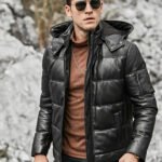 Men’s Leather Puffer Jacket Removable Hooded