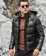Men’s Leather Puffer Jacket Removable Hooded