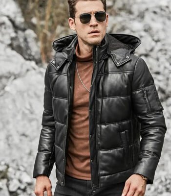 Men’s Leather Puffer Jacket Removable Hooded