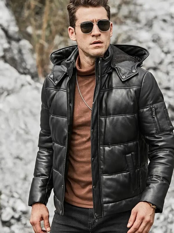 Men’s Leather Puffer Jacket Removable Hooded