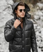 Men’s Leather Puffer Jacket Removable Hooded