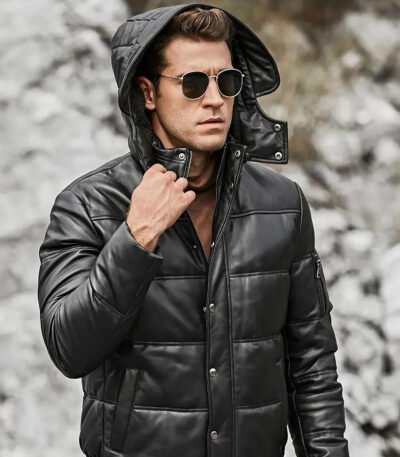 Men’s Leather Puffer Jacket Removable Hooded