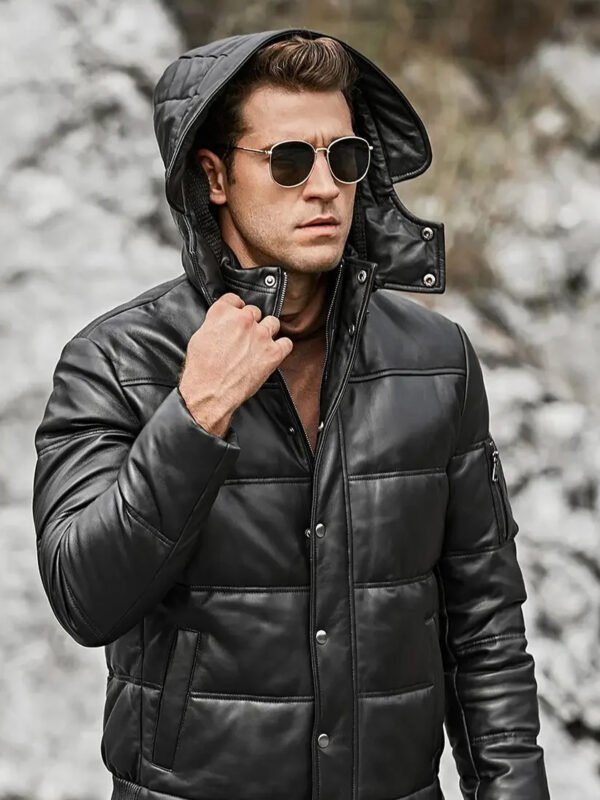 Men’s Leather Puffer Jacket Removable Hooded
