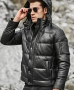 Men’s Leather Puffer Jacket Removable Hooded