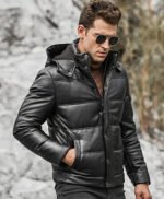 Men’s Leather Puffer Jacket Removable Hooded