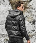 Men’s Leather Puffer Jacket Removable Hooded