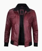Mens Maroon Leather Jacket with Removable Hood