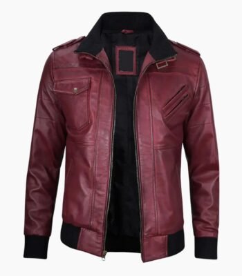 Mens Maroon Leather Jacket with Removable Hood