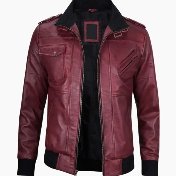 Mens Maroon Leather Jacket with Removable Hood