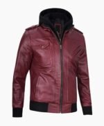 Mens Maroon Leather Jacket with Removable Hood
