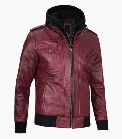 Mens Maroon Leather Jacket with Removable Hood