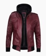 Mens Maroon Leather Jacket with Removable Hood