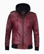 Mens Maroon Leather Jacket with Removable Hood