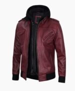 Mens Maroon Leather Jacket with Removable Hood