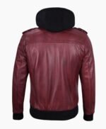 Mens Maroon Leather Jacket with Removable Hood