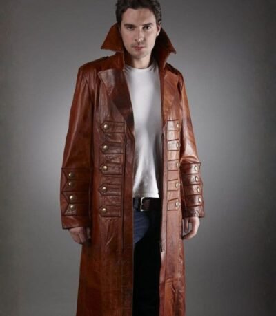 Men's Military Black Leather Trench Coat