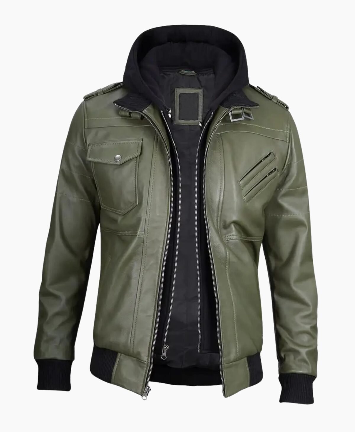 Mens Military Green Leather Jacket with Removable Hood