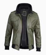 Mens Military Green Leather Jacket with Removable Hood