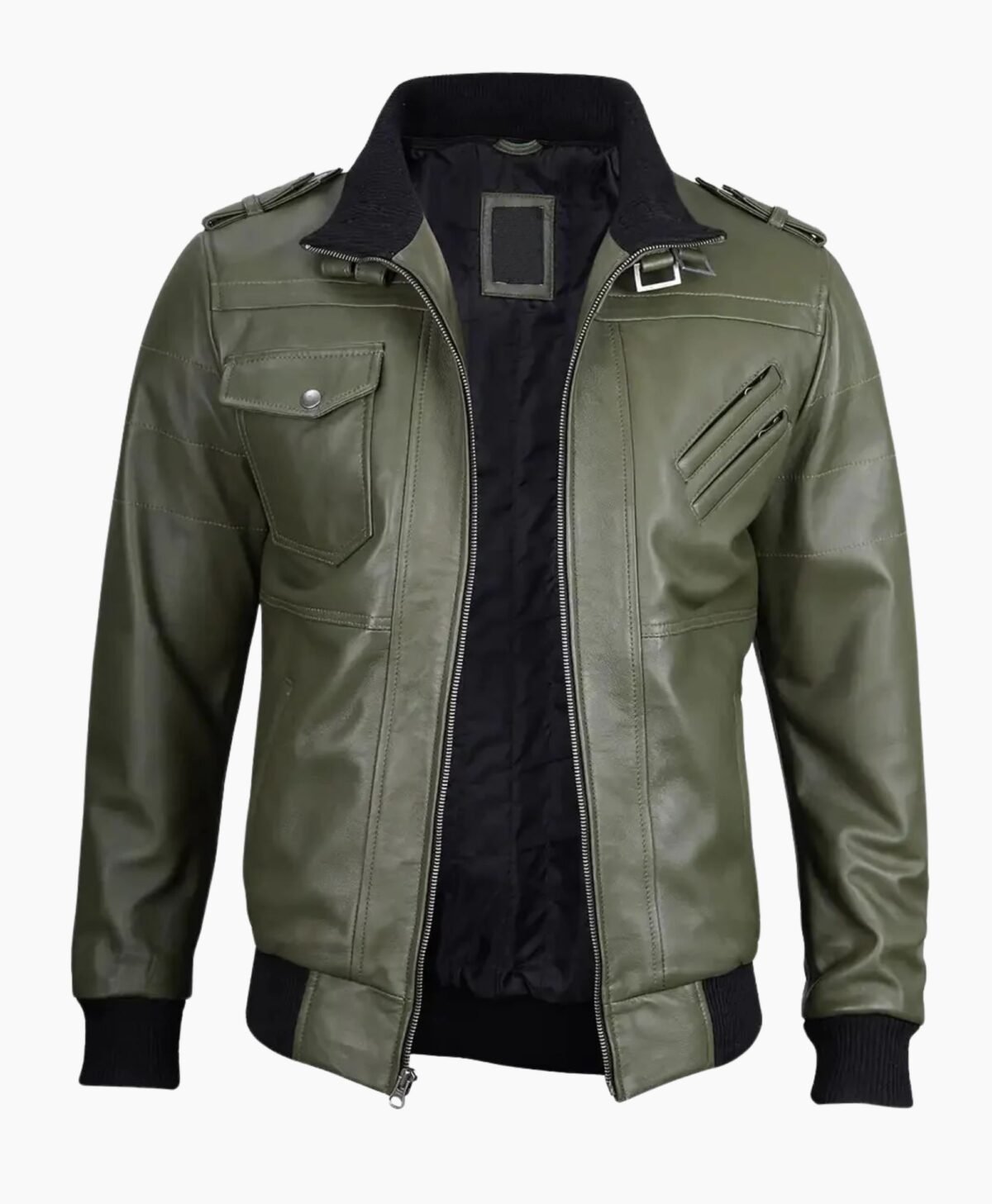 Mens Military Green Leather Jacket with Removable Hood