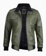 Mens Military Green Leather Jacket with Removable Hood