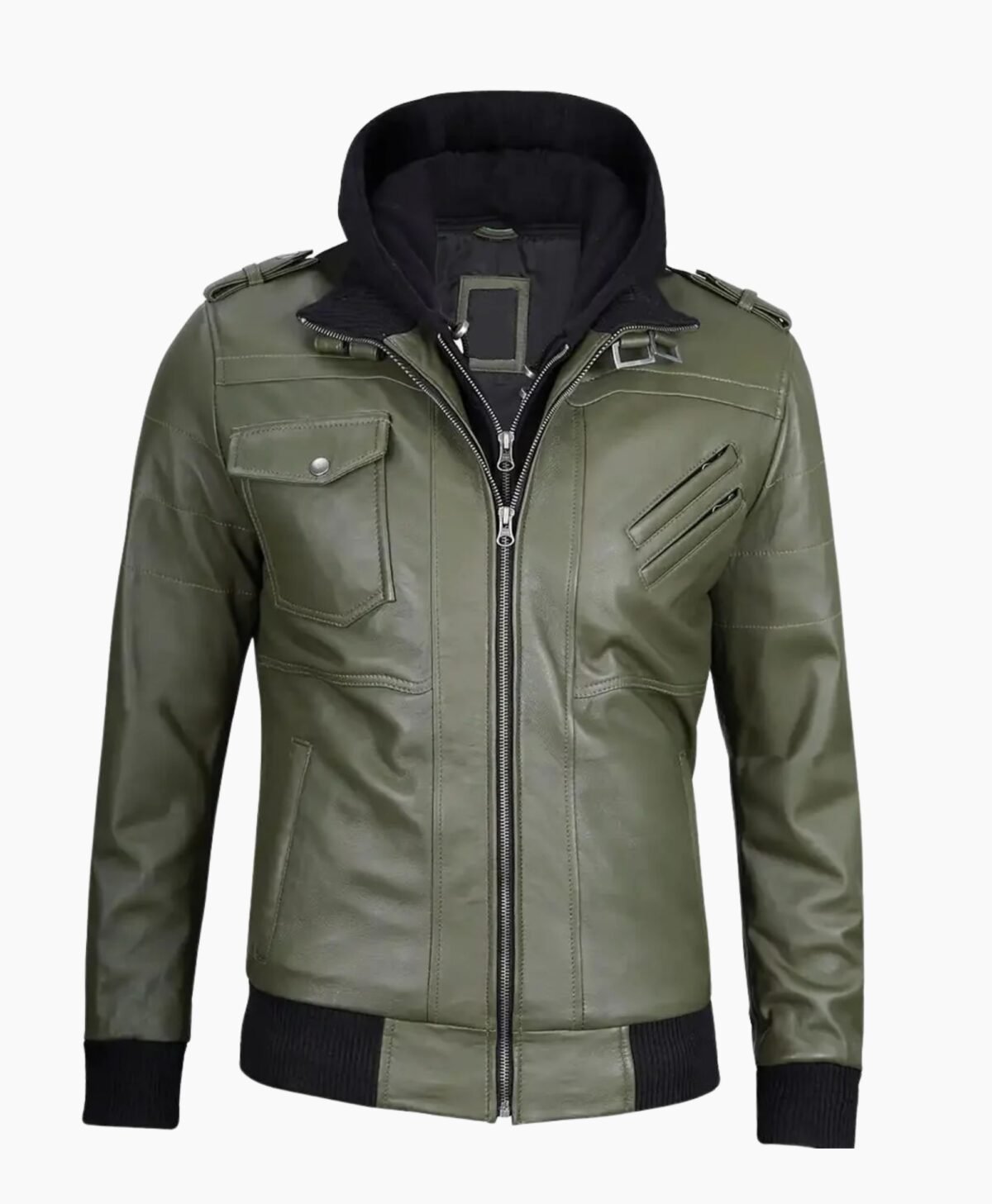 Mens Military Green Leather Jacket with Removable Hood