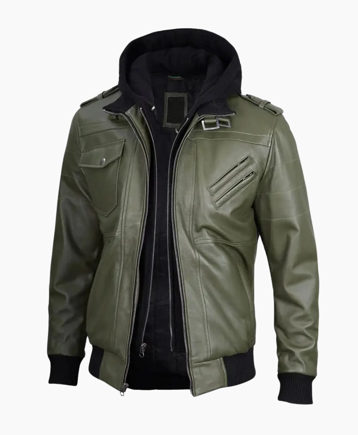 Mens Military Green Leather Jacket with Removable Hood