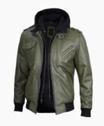 Mens Military Green Leather Jacket with Removable Hood