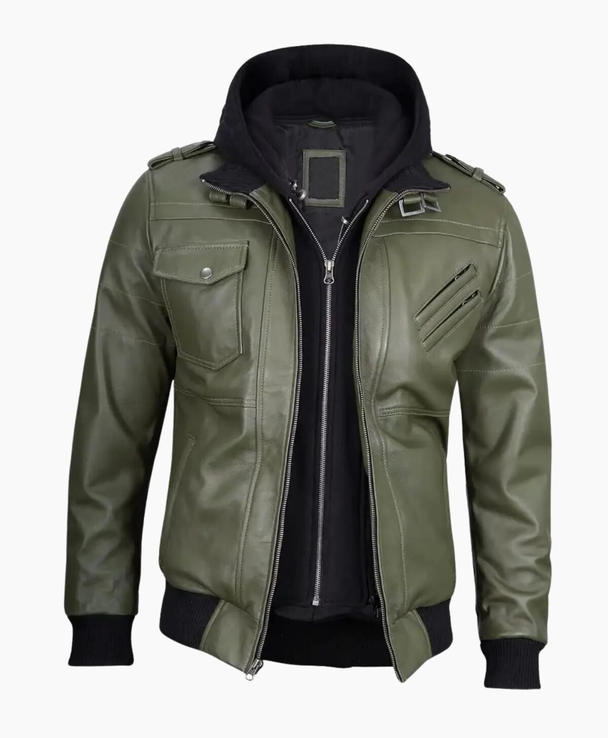 Mens Military Green Leather Jacket with Removable Hood Mens Military Green Leather Jacket with Removable Hood