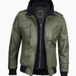 Mens Military Green Leather Jacket with Removable Hood