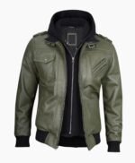 Mens Military Green Leather Jacket with Removable Hood