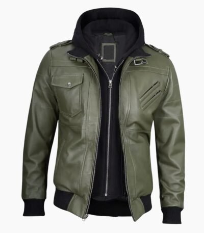 Mens Military Green Leather Jacket with Removable Hood
