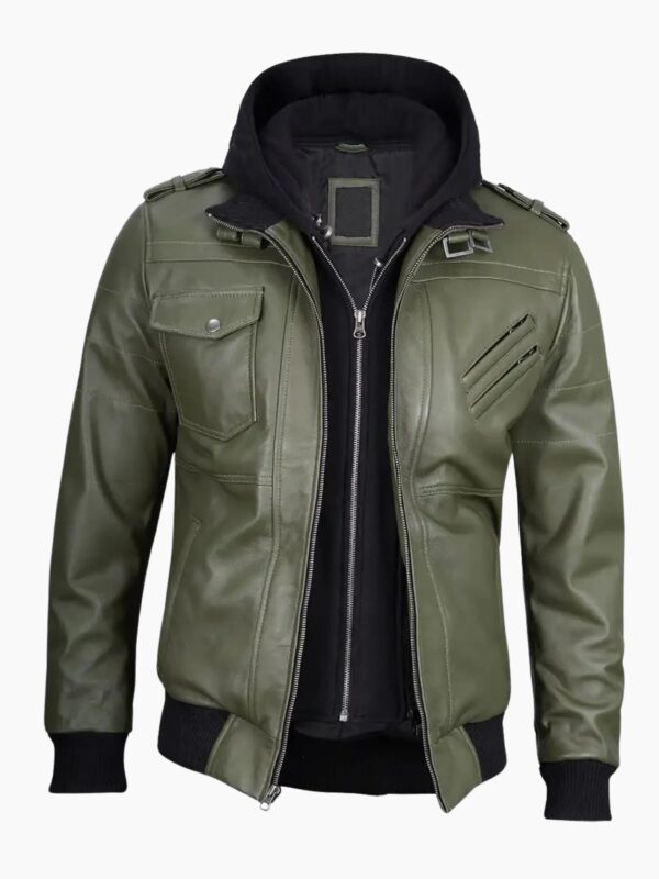 Mens Military Green Leather Jacket with Removable Hood