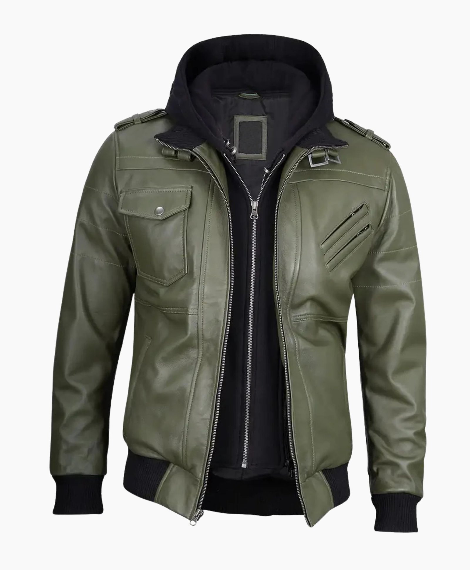 Mens Military Green Leather Jacket with Removable Hood Mens Military Green Leather Jacket with Removable Hood