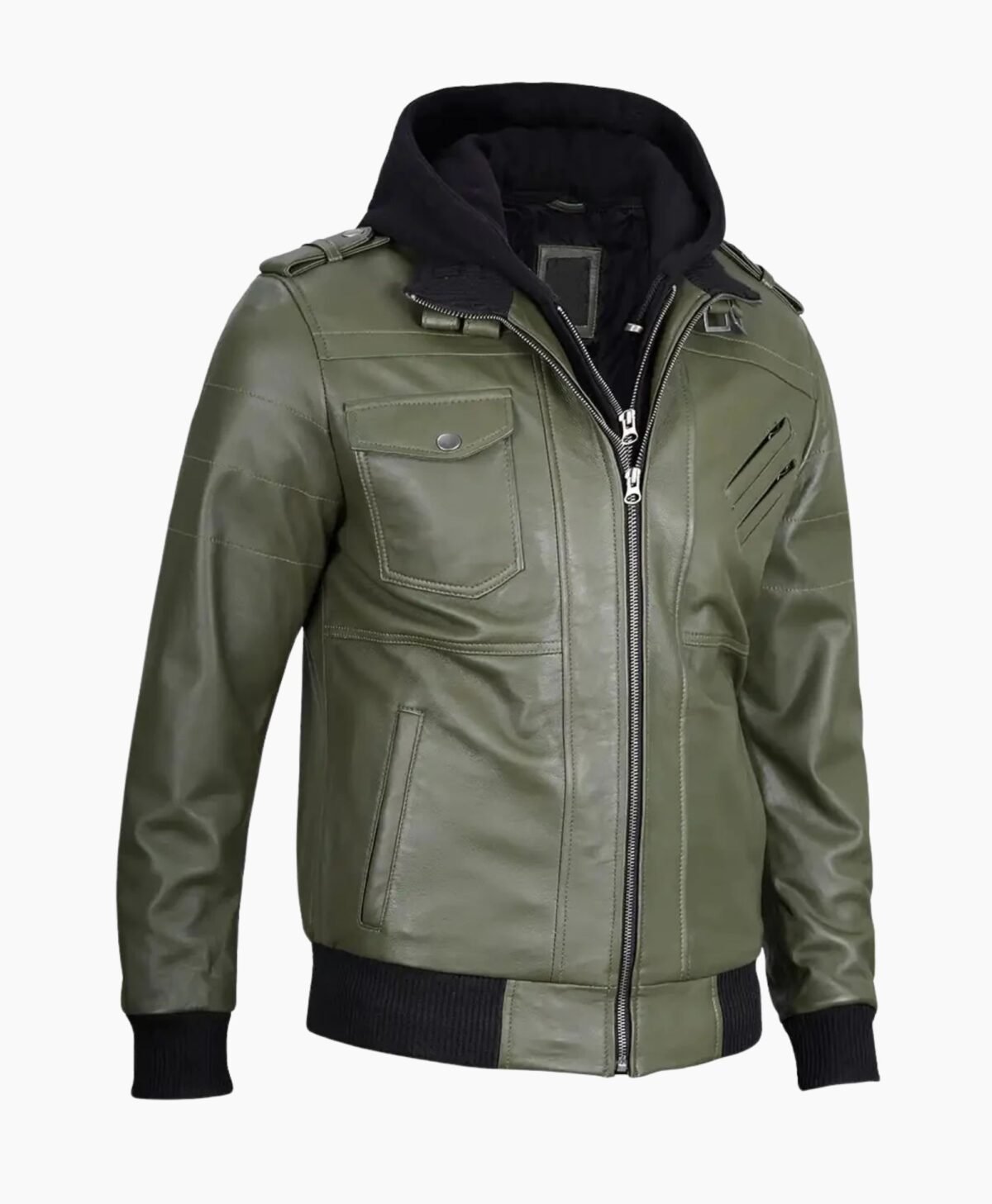 Mens Military Green Leather Jacket with Removable Hood