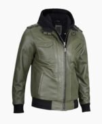 Mens Military Green Leather Jacket with Removable Hood